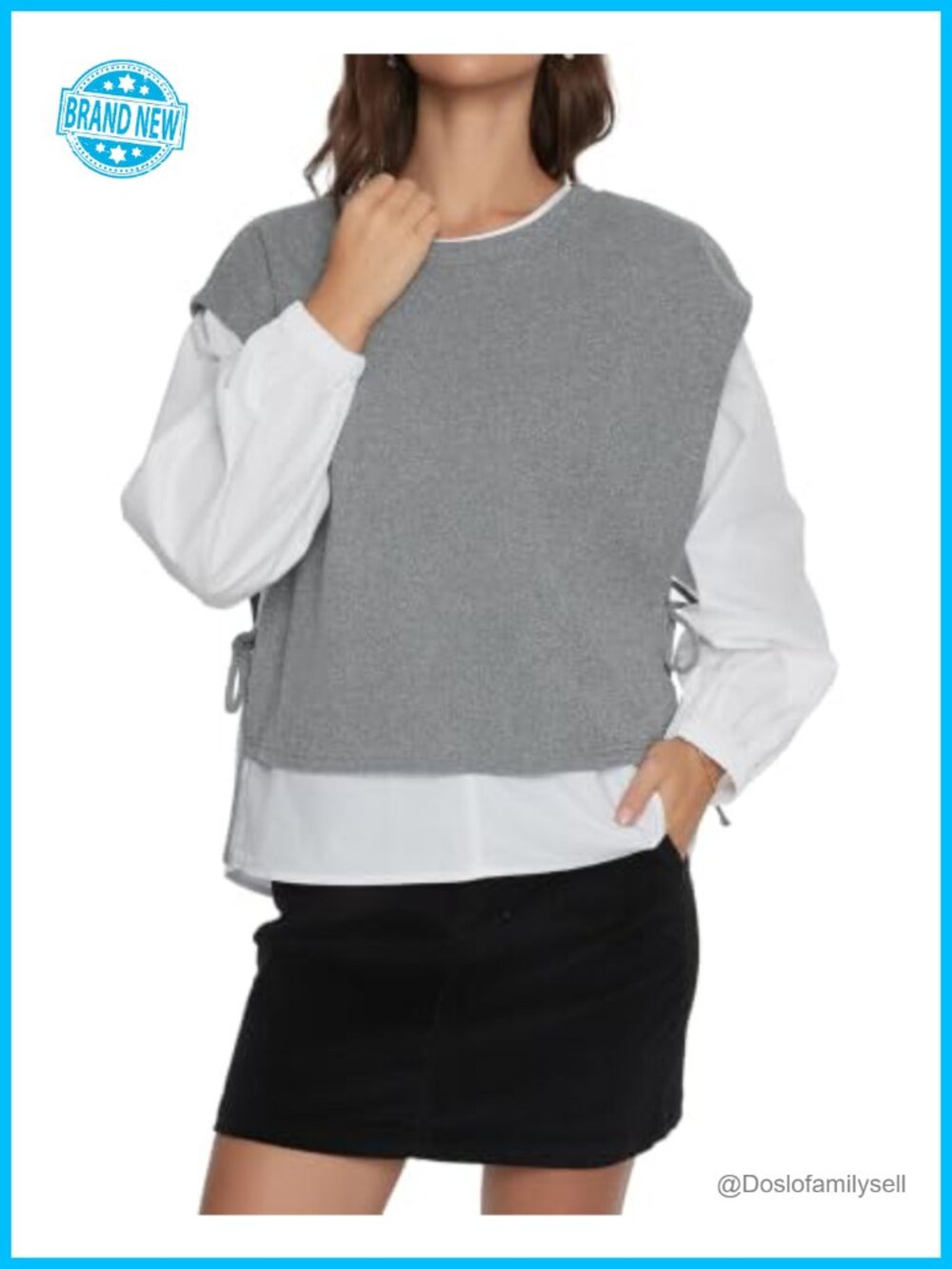 Womens 2 Piece Top Set Ribbed Sweater Vest Puff Sleeve Blouse Teacher